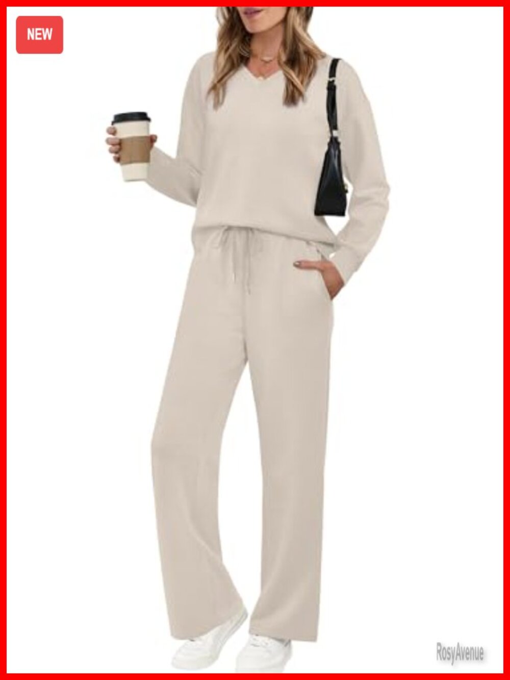 V Neck 2 Piece Sweatsuit Lounge Set Wide Leg Pants Matching Tracksuit